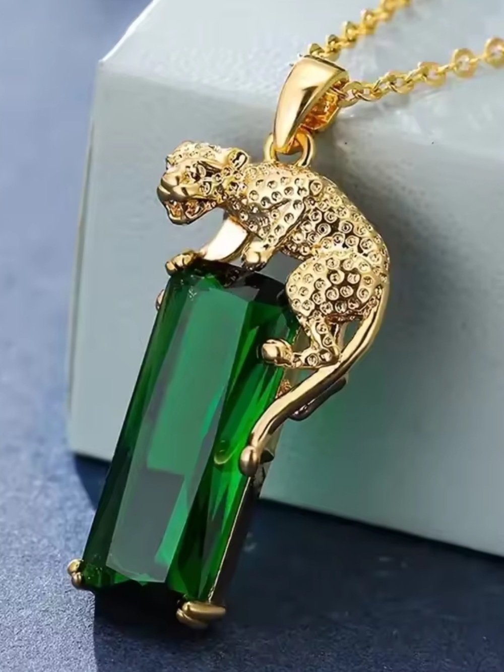 Gold Panther Pendant Necklace with Emerald Green Crystal - Picture 2 of 6